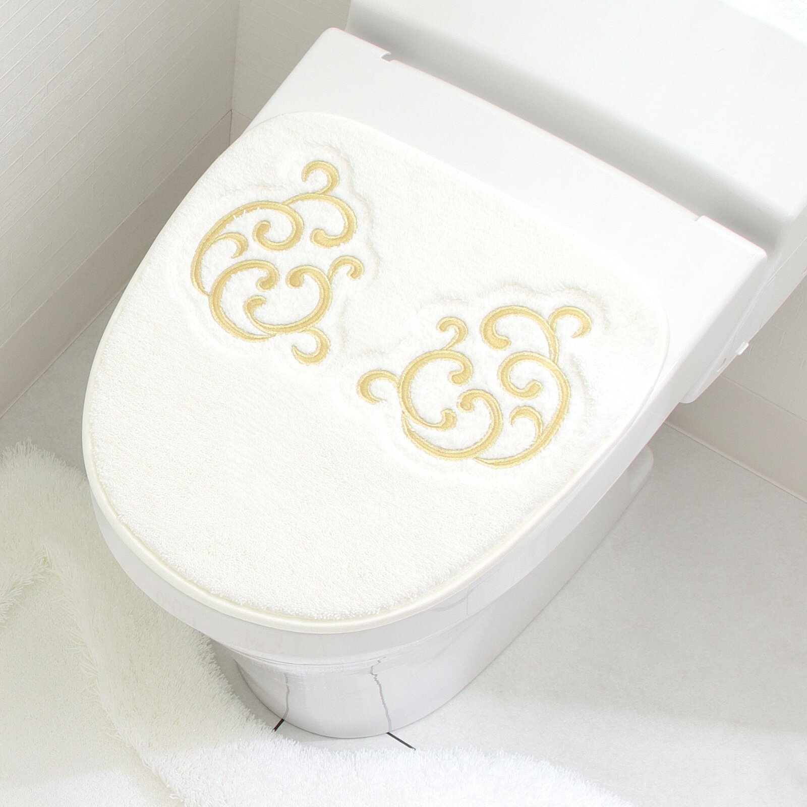【最大15％OFFクーポン配布中】トイレフタカバー 貼るタイプ 洗浄 暖房 型 単品 高級 洗える 日本製エレガント シンプル 刺繍 白 ゴールド デコラティエ