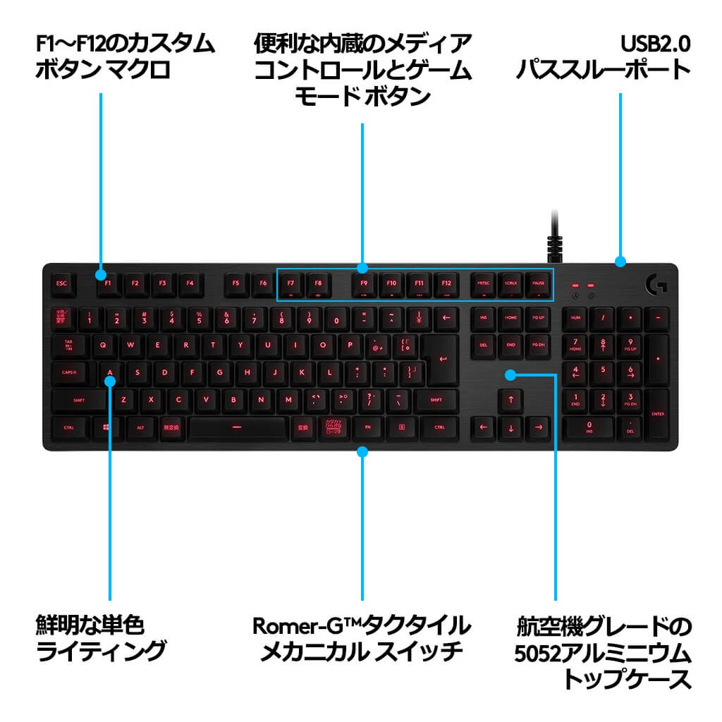 Logicool G ゲーミングキーボード 有線 G413 Romer-G タクタイル メカニカルキーボード 日本語配列 レッドバックライト USBパススルー G413CB 国内正規品 2年間メーカー保証