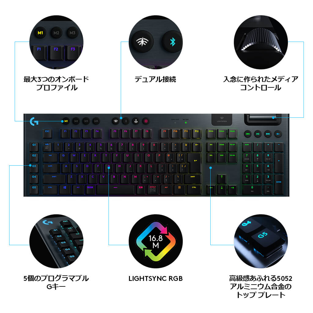 Logicool G ゲーミングキーボード 無線 G913 GLスイッチ リニア メカニカルキーボード 静音 日本語配列 LIGHTSPEED ワイヤレス Bluetooth接続対応 LIGHTSYNC RGB G913-LN 国内正規品 2年間無償保証