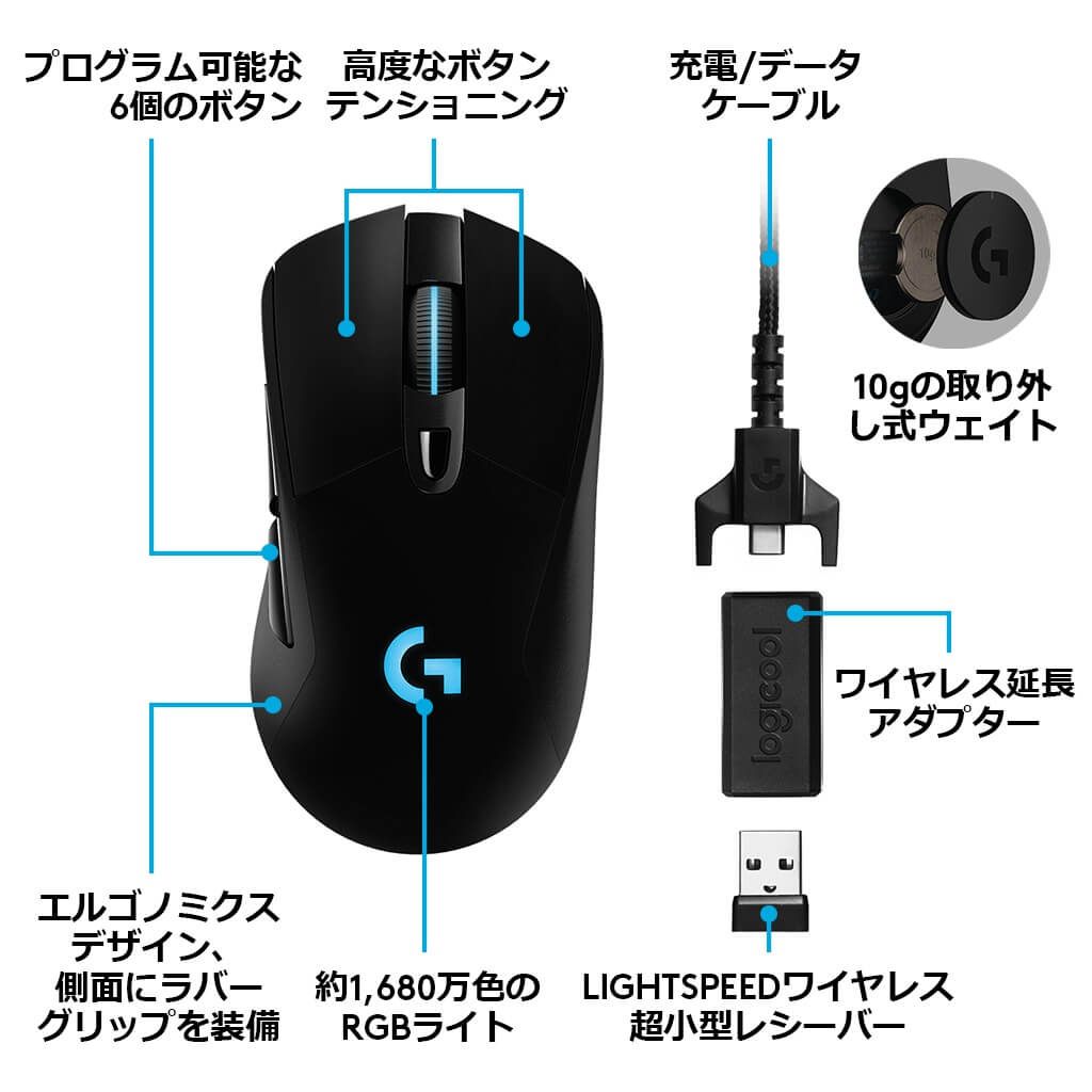 Logicool G ゲーミングマウス 無線 G703h HEROセンサー LIGHTSPEED ワイヤレス エルゴノミクス LIGHTSYNC RGB POWERPLAY ワイヤレス充電 国内正規品 2年間無償保証