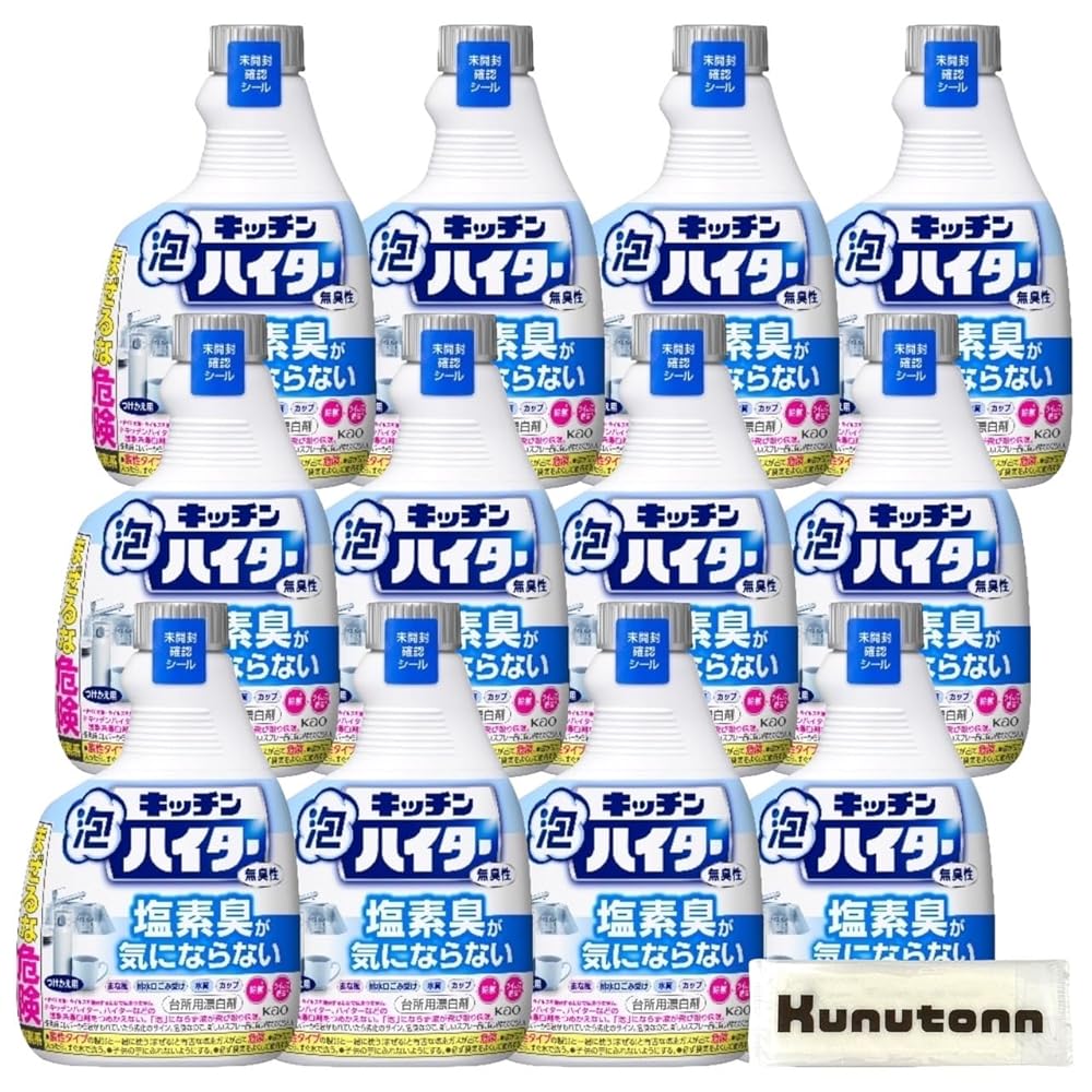 【ケース販売】 キッチン泡ハイター 無臭性 台所用漂白剤 塩素臭が気にならない ノズルつけかえ用400ml ×12本 + Kunutonnオリジナルロゴ入りhおしぼり付