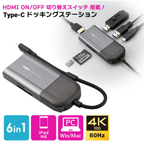 画面 ON OFF機能搭載ドッキングステーション USB Type C 接続 11in1 HDMI Type-A PD充電 SD microSD カードリーダー USBハブ 変換アダプタ 4K ロジテック LHB-LPMWP6U3SS new rpp