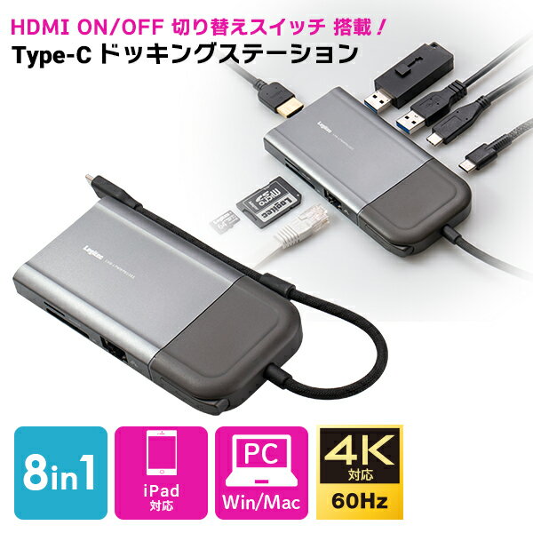 画面 ON OFF機能搭載ドッキングステーション USB Type C 接続 11in1 HDMI Type-A LAN ポート PD充電 SD microSD カー…