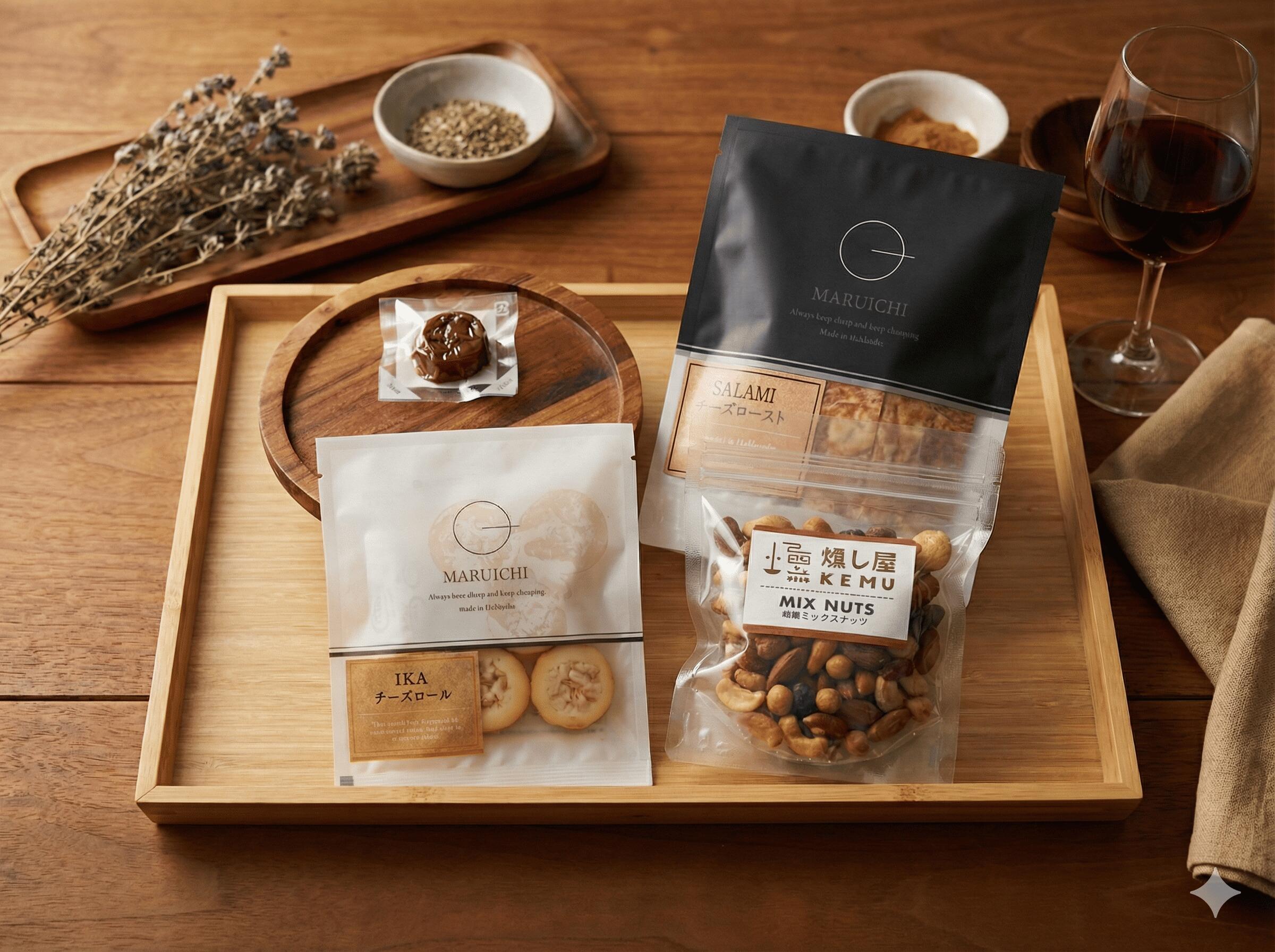 ワイン屋が厳選したおつまみセット【燻製ミックスナッツ、IKAチーズロール、燻製ホタテ、SALAMIチーズロースト】