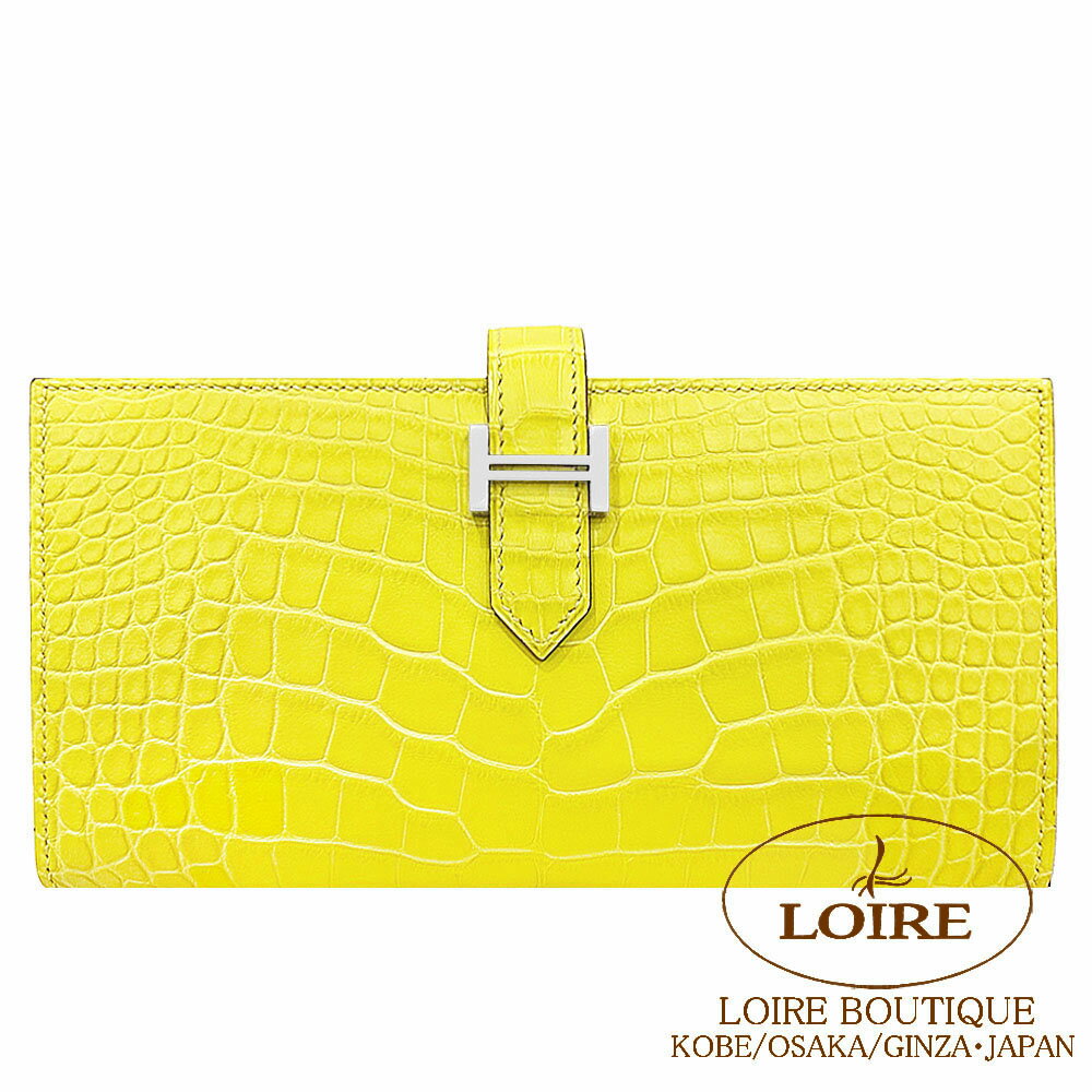 ᥹ ٥ ե 饤  ꥲޥåȥС HERMES Bearn Soufflet LIME(9R) Crocodile Alligator Matte Silver