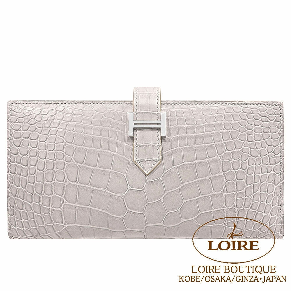 ᥹ ٥ ե ڡ  ꥲޥå С HERMES Bearn Soufflet GRIS PERLE(80) Crocodile Alligator Matte Silver