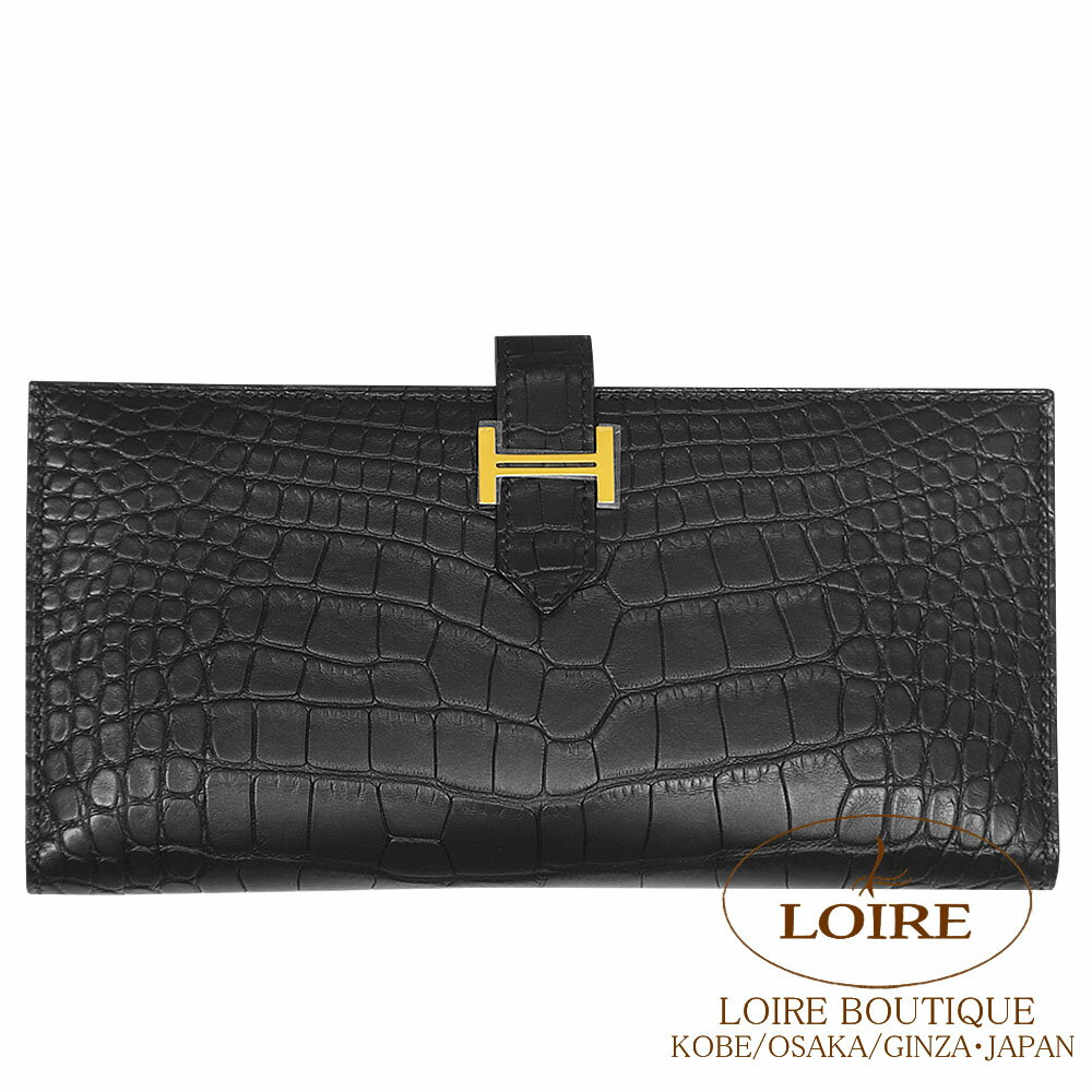 ᥹ ٥ ե   ꥲޥå ɶ HERMES Bearn Soufflet NOIR(89) Crocodile Alligator Matte Gold