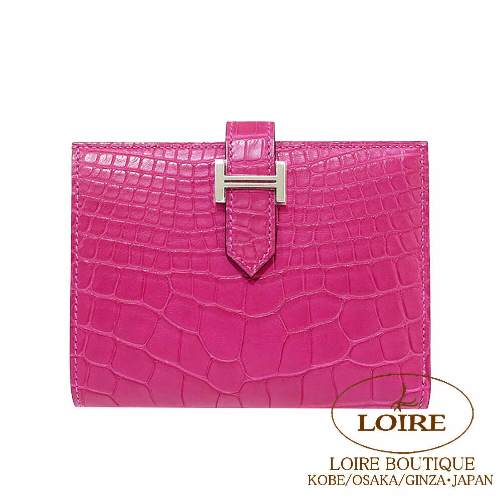 エルメス ベアン コンパクト ローズシェヘラザード クロコダイル アリゲーターマット シルバー金具 HERMES Bearn Compact ROSE SHEHERAZADE(J5)Crocodile Alligator Matte Silver