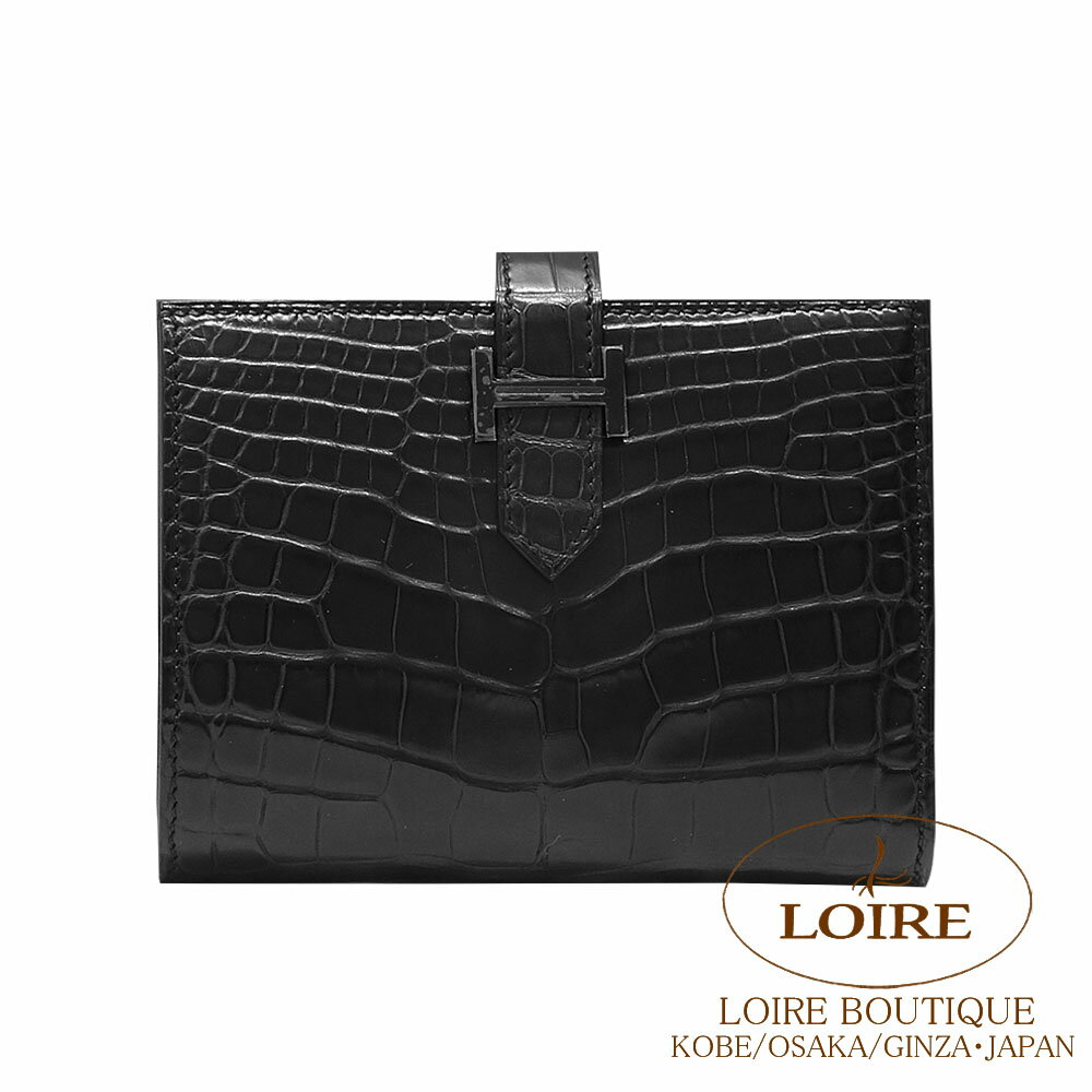 ᥹ ٥ ѥ Υ  ꥲޥå ֥å HERMES Bearn Compact Monochrome NOIR(89)Crocodile Alligator Matte Black