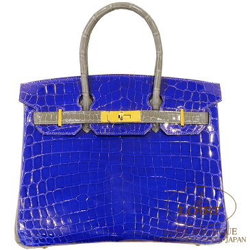 エルメス[HERMES]バーキン 30cm [Birkin 30cm]　パーソナルオーダークロコダイル ニロティカス ブルーエレクトリック×グリトゥールトゥレール (トゥルティールグレー)[BLEU ELECTRIQUE(7T)/GRIS TOURTERELLE(81)]　ゴールド金具