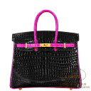 エルメス バーキン 25 パーソナル クロ×ローズシェヘラザード クロコダイル ポロサス ゴールド金具 HERMES Birkin 25 NOIR(89)/ROSE SHEHERAZADE(J5) Crocodile Porosus Gold