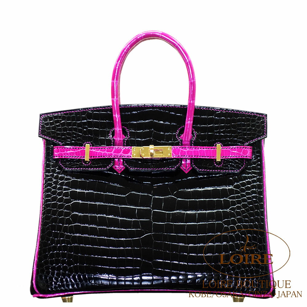 エルメス[HERMES]　バーキン 25cm[Birkin 25cm]　パーソナルオーダー　クロコダイル ポロサス　クロ×ローズシェヘラザード　(クロ×ローズシェヘラザードステッチ)　[NOIR(89)/ROSE SHEHERAZADE(J5)]　ゴールド金具