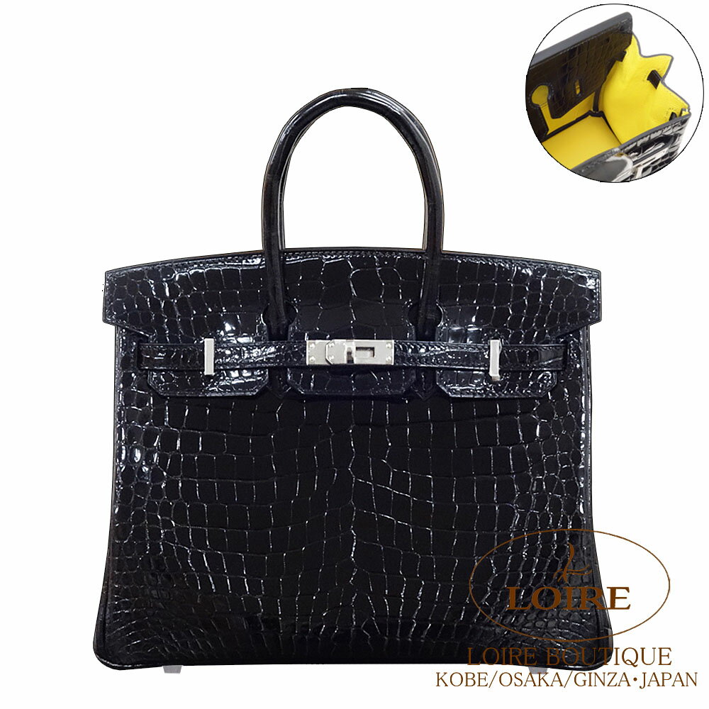 ᥹ С 25 ѡʥ ¦ߥ⥶  ݥ С HERMES Birkin 25 NOIR(89)/MIMOSA(M9)Crocodile Porosus Silver