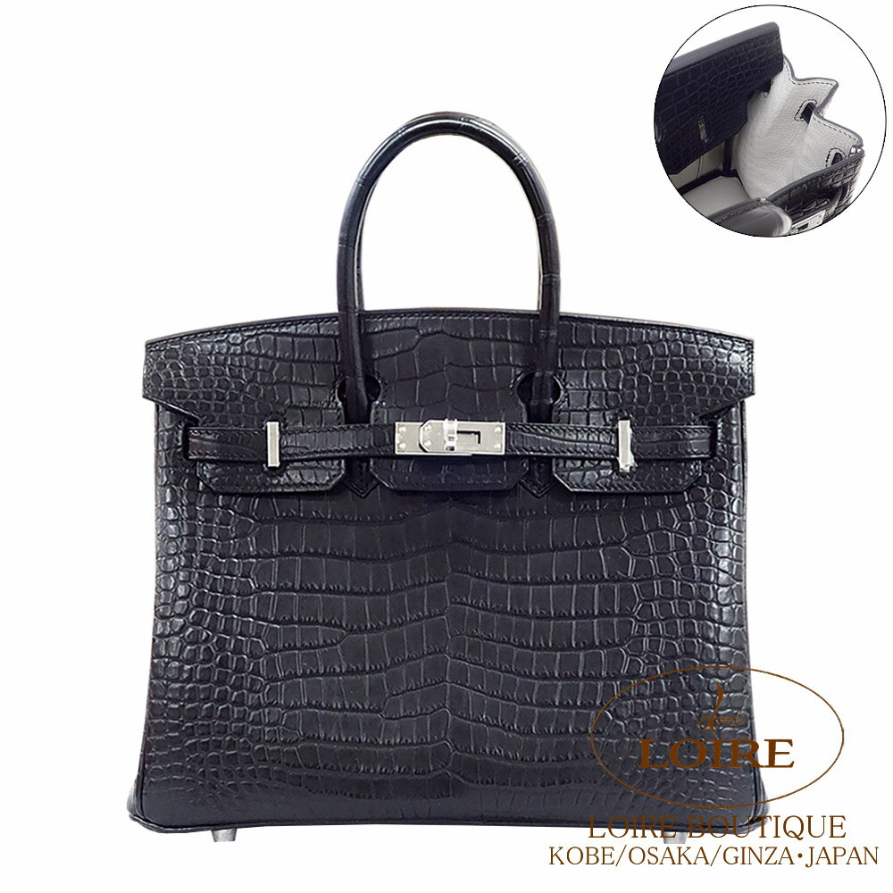 ᥹ С 25 ѡʥ ¦٥ȥ  ݥޥå С HERMES Birkin 25 NOIR(89)/BETON(8L) Crocodile Porosus Matte Silver