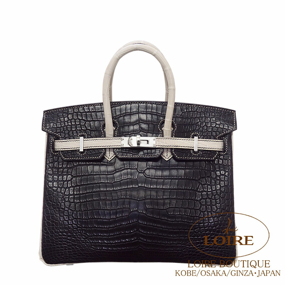 ᥹ С 25 ѡʥ ߥ٥ȥ(٥ȥߥƥå)  ݥޥå С HERMES Birkin 25 NOIR(89)/BETON(8L) Crocodile Porosus Matte Silver