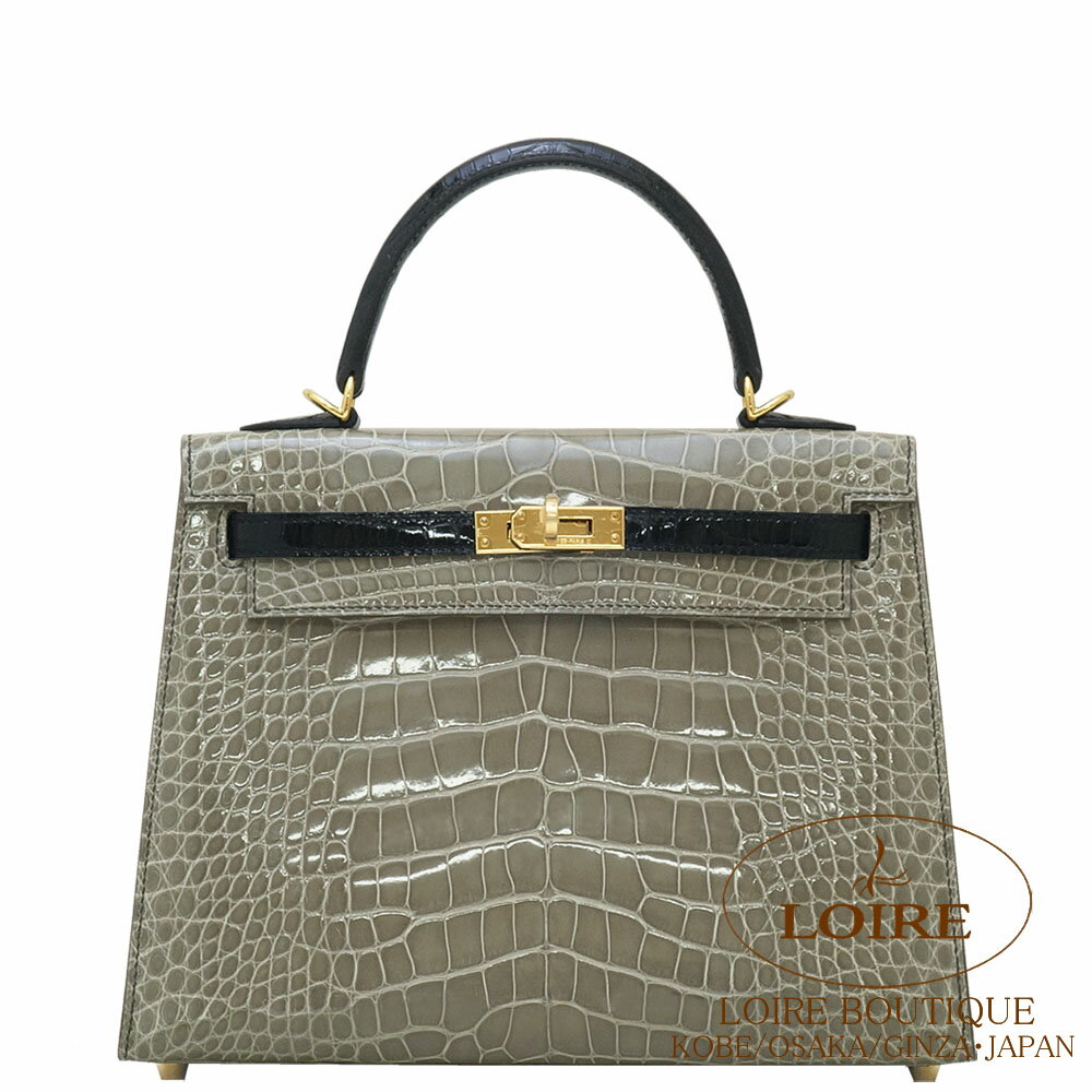 エルメス[HERMES] 　ケリー 25cm[Kelly 25cm] 外縫い　パーソナルオーダー　クロコダイル アリゲーター　グリトゥールトゥレール(トゥルティールグレー)×クロ　[GRIS TOURTERELLE(81)/NOIR(89)]　ゴールド金具