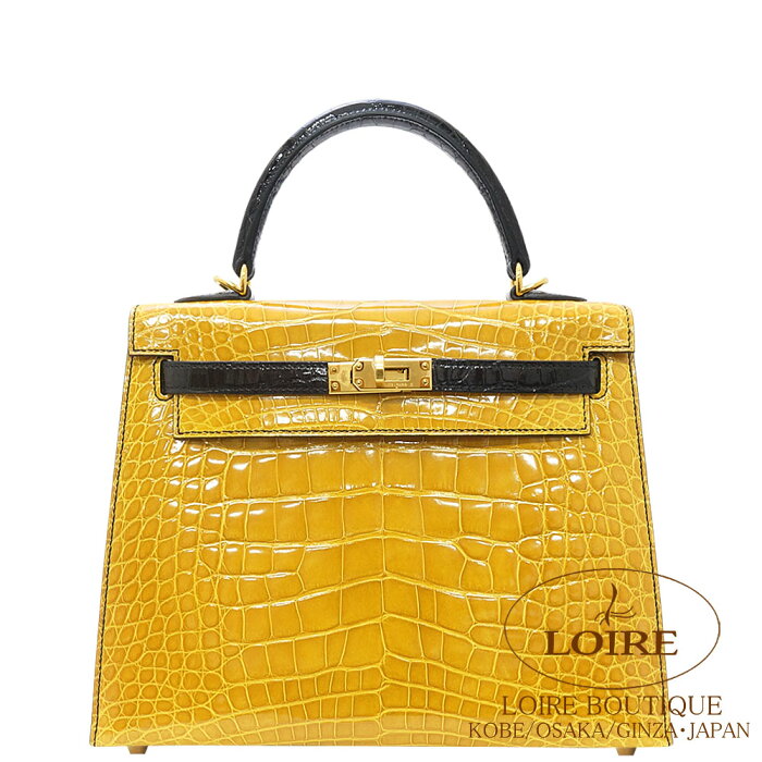 エルメス ケリー 25 外縫 パーソナル ジョーヌアンブル×クロ クロコダイル アリゲーター ゴールド金具 HERMES Kelly 25 Sellier JAUNE AMBRE(9D)/NOIR(89) Crocodile Alligator Gold