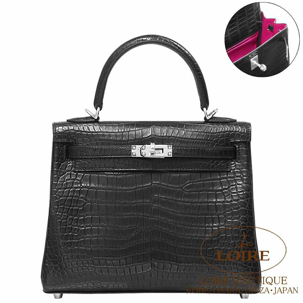 ᥹ ꡼ 25 ˥ ѡʥ ¦إ饶  ݥޥå С Kelly 25cm Retourne NOIR(89)/ROSE SHEHERAZADE(J5) Crocodile Porosus Matte Silver