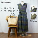 innowave レディース ワンピース 春夏秋 ノースリーブ Vネック アフリカンプリント スパンローン ひし形 やわらか 薄手 透け感 裏地 ウェストゴム 紐 リボン 腰高 脚長 ギャザー 大人かわいい 涼し気 気品 レディス イノウェーブ 85-91781