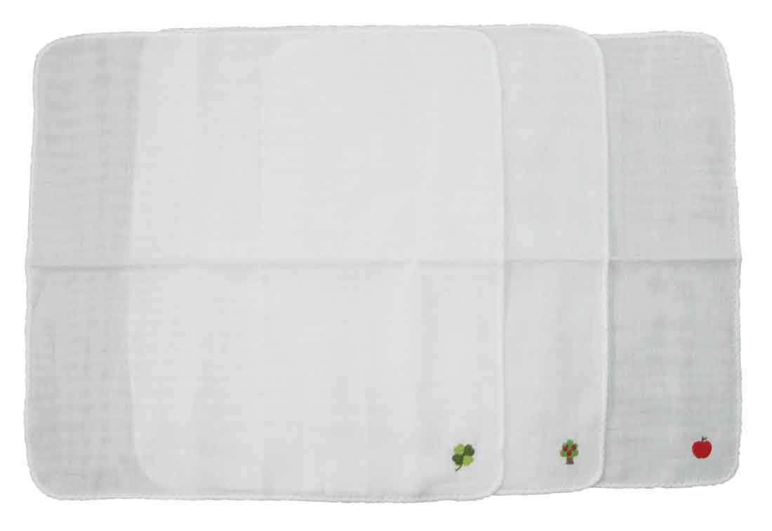 ガーゼハンカチ3枚セット（クローバー、ツリー、りんご刺繍）子供用 ベビー用品 出産祝い プレゼント 入園 入学 幼稚園 保育園 小学校 お受験