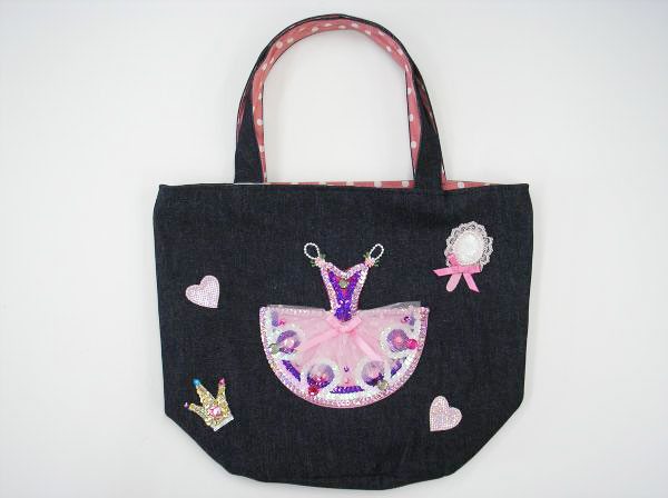 トートバッグ (ブルーデニム地) シューズバッグ バレエ レオタード アップリケ キラキラ バレエのおけいこ おしゃれ 可愛い 楽屋見舞い ギフト プレゼント スカーレットコレクション