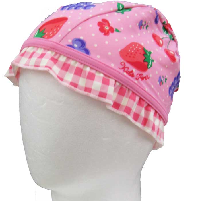 スイムキャップ キッズ　子供用 ピンクフルーツフリル付柄 女の子 夏休み 海 プール キッズ 子供 帽子