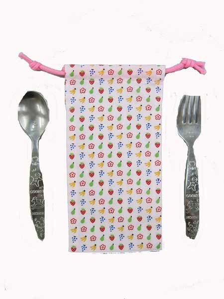カトラリーケース(ピンク×カラフルフルーツ柄)　子供用　ハンドメイド 　スプーン・フォーク入れ　カトラリー入れ)入園　入学　ランチ　ピクニック　遠足　給食★入園入学ロリポップ★