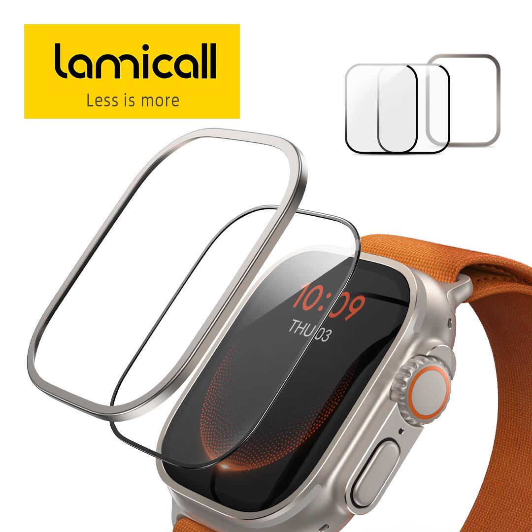 Apple Watch Ultra Ultra2 保護フィルム 2枚入り Lamicall ガラスフィルム バンパー ガイド枠付き アップルウォッチ ウルトラ 保護セット 画面フィルム ウォッチフィルム 強化ガラス 耐衝撃 指紋＆傷防止 タッチ感 画面保護 49mm