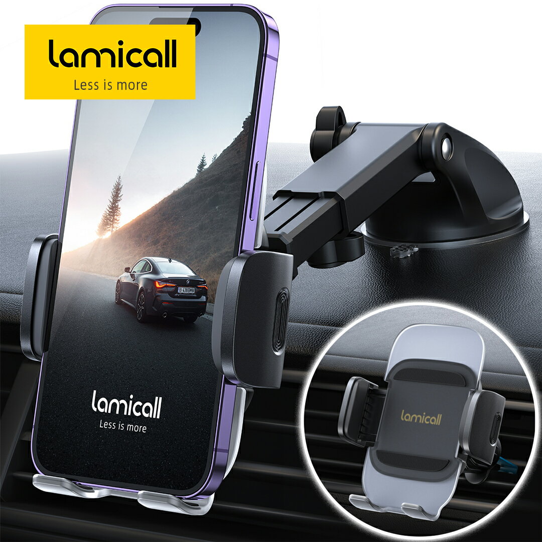 車載スマホホルダー 2way ダッシュボード 吸盤 2in1 粘着 エアコン 吹き出し口 Lamicall 車用 スマホ 固定 ルーバー アイホン アクリル 金属製 スマートフォン 携帯 車 360°回転 手帳型ケース対応 iPhone 15 14 plus pro promax 13 12 Android