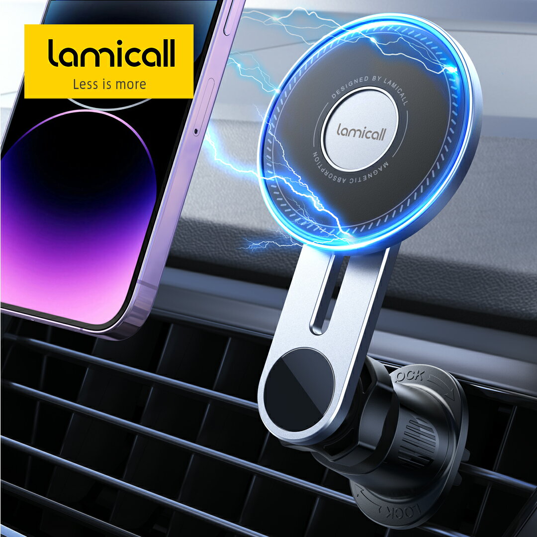 MagSafe対応 マグネット車載ホルダー アルミ合金製 Lamicall 車載スマホホルダー 360°回転 スマートフォン マグセーフ 滑り止め 強力 磁石 エアコン 吹き出し口 ルーバー 車 くるま 車内 iPhone 15 14 plus pro promax 13 12 11 android 全機種