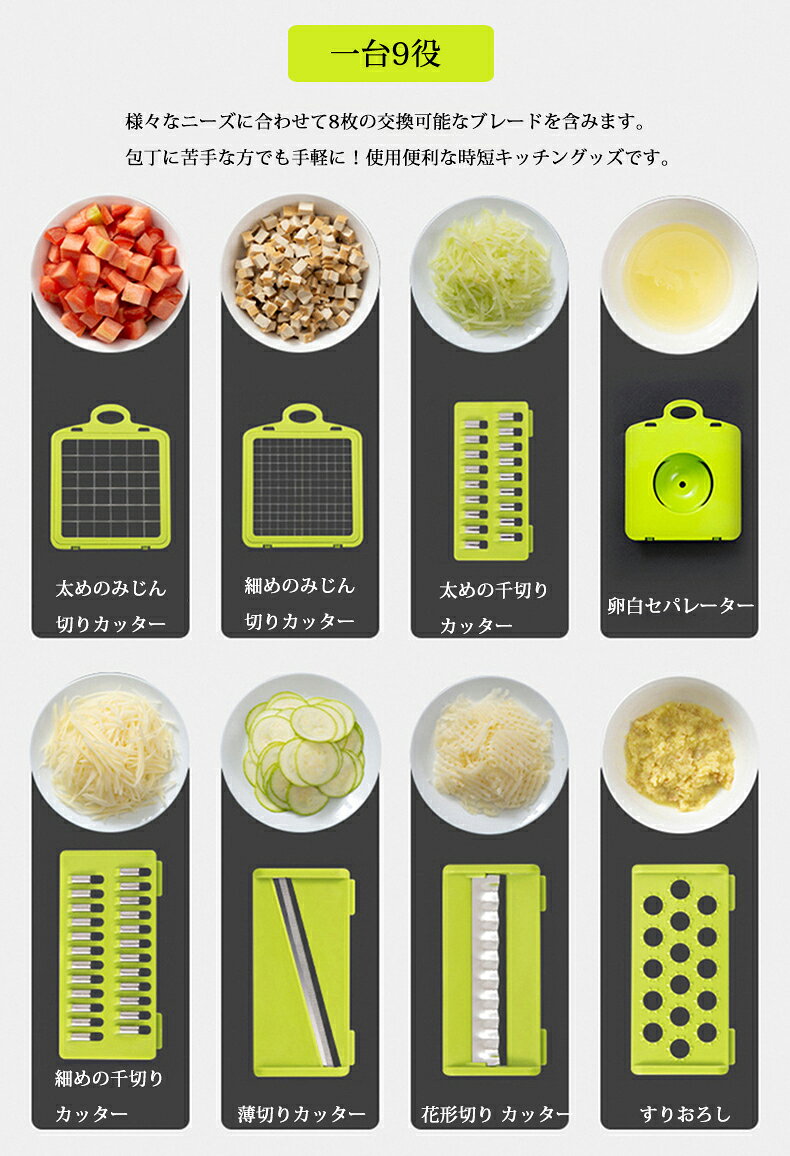 【20日限定10％OFFクーポン】スライサー セット 1台9役 キャベツ 千切り 玉ねぎ 野菜カッタ 野菜 細切り みじん切り 千切り おろし 薄切り 水切り皿 卵白セパレーター カッタースライサー 果物 調理器セット スライス 安全ホルダー付 滑り止め付き にんにくおろし 大根サラダ long-lifeservice-10001862 modanic サンプル画像2