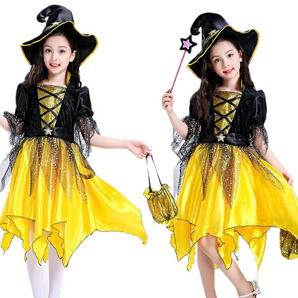 一部短納期 魔女 ハロウィン衣装 魔法 子供コスプレ ウィッチ 女の子 4点セット 姫様魔法使い 魔法師 手品師 ハロウィン 仮装 ドレス コスチューム 魔女に変身 ハロウィン キッズ 子供用 姫様 仮装 ワンピースのサムネイル