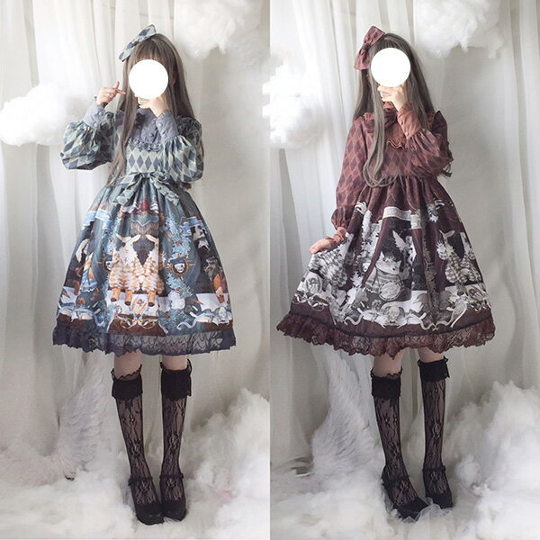 ワンピース ロリータ レディース ロリータ ワンピース 春秋 コスプレ ロリータ風ワンピ lolita ミディアム 日系 女子中高生 可愛い クラシカル ゴシック コスチューム 長袖 姫様 兎プリント 2点セット 送料無料