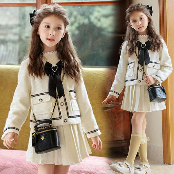 入学式 女の子 キッズ フォーマル 入学式 卒業式 セットアップ 2点セット 冬 女の子 スカート ジャケット 蝶結び ポケット付き 無地【ジャケット＋スカート】スカートセット 大きいサイズ 可愛い 七五三 発表会 カジュアル 普段着 プレゼント アウター 110-150cm