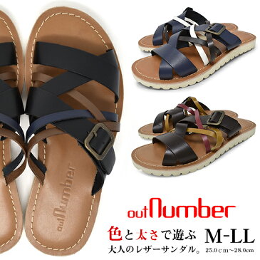 メンズ サンダル 本革 レザーサンダル 牛革 BLACK DK BROWN NAVY 黒 濃茶 紺 ブランド outNumber SANDAL アウトナンバー スリッパ 革 おしゃれ かっこいい 靴下でも履ける