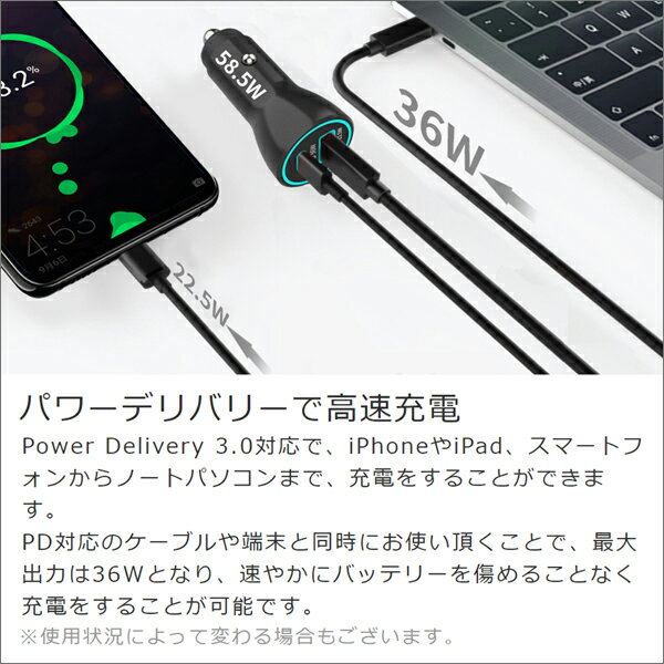 LOOF パワーデリバリー対応 36W カーチャージャー PD Power Delivery 3.0 Type-C タイプC Type-A USB タイプA 充電器 スマホ スマートフォン iPhone iPad アンドロイド タブレット 2USBポート 2ポート 車載 シガーソケット チャージャー 充電器 USBチャージャー 車載充電器