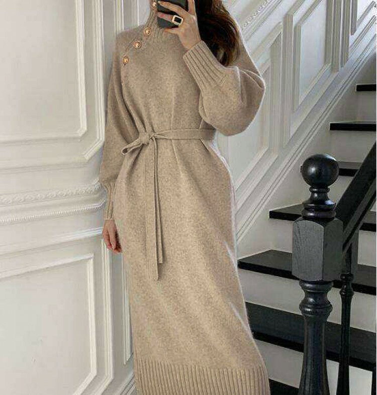 【早い者勝ち★300円Offクーポン】ニットワンピース レディース 秋冬 斜めワンピース ベルト付き ウエストベルト ロングワンピース セーターワンピース フリルワンピース シンプル 無地 ハイネック ゆったり