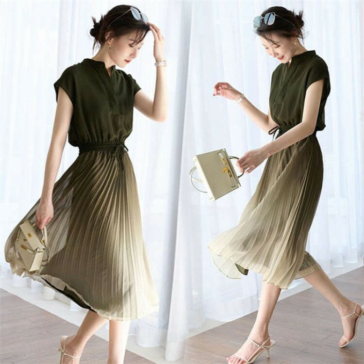 【早い者勝ち★300円Offクーポン】シャツワンピース レディース 40代 きれいめ 膝丈ワンピース 春夏新作 半袖ワンピース グラデーション色 プリーツスカートオシャレ韓国風 大人 フレア 上品 ゆったり OL 通勤