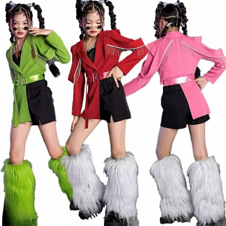 セットアップ キッズ ダンス衣装 JAZZ ジャズ グリーン レッド ピンク ジャケット レッグウォーマー*2 女の子 ヒップホップ チアガールズ ダンス 緑 ...