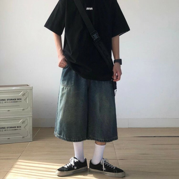 メンズ ワイド ハーフ パンツ 男性 紳士 夏 七分丈 ゆったり ルーズ カジュアル アメリカン デニム 青 黒 シンプル ポケット ウォッシュ