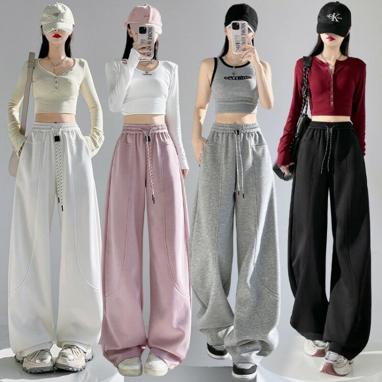 ワイドパンツ スウェットパンツ カーブパンツ レディース 春 ポケット付き ルーズフィット カーブデザイン カジュアル ストリートスタイル 体型カバー 韓国風 高ウエスト 美脚効果