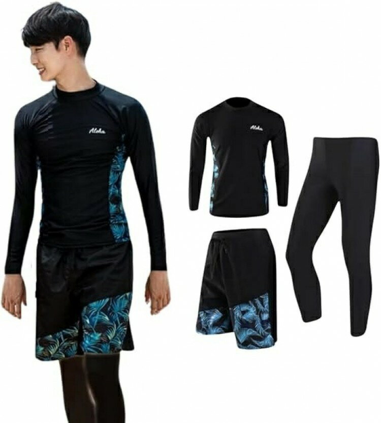 メンズ 水着 長袖 上下セット 3点セット レギンス サーフパンツ フィットネス 男性 UVカット 大きい サイズ ビーチ 温泉 水泳 水陸両用 スイミング お...