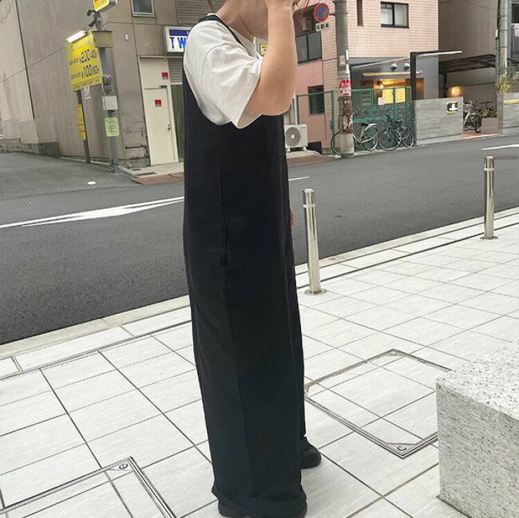 オールインワン レディース サロペット マキシ丈 ロング丈 ゆったり 体型カバー Vネック ワイドパンツ カジュアル オフィス シンプル 通勤 通学