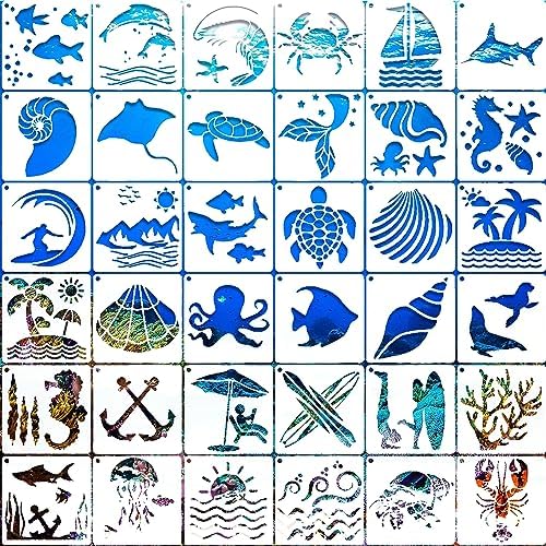 ステンシルシート 【36枚】 描画テンプレート 36種類 海の生き物柄 絵図 手帳用テンプレート ステンシルプレート 塗り絵 製図用テンプレート DIYアルバム...