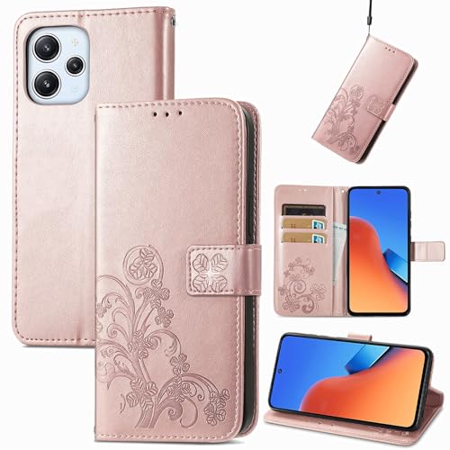 乐天商城 - Xiaomi Redmi 12 5G ケース 手帳型 軽量 耐衝撃 ノートブック型 スマホカバー 多機能 スタンド 財布 スマホホルダー シンプル ビジネス 耐久性 摩擦耐性 スマホケース カード収納 男性 女性 薄型 四つ葉のクローバーローズゴールド 送料無料