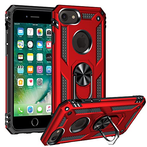 樂天商城 - iPhone SE 第3世代 ケース リング 背面カバー 人気 TPU + PC アーマーカバー 360°回転 車載ホルダー耐衝撃 横置きスタンド機能 アイフォンse2 / se3 / 7 / 8 / 6 / 6s スマホケース 全面保護 落下防止 スマホカバー [レッド] 送料無料