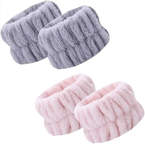 洗顔用 手首バンド リストバンド 2ペア入り 超吸水 速乾 伸縮性 ふわふわ 袖口 袖 腕 服 濡れ防止 マイクロファイバー製 食器洗い 手洗い 家事 運動用 男女兼用 (グレー＋ライトピンク)