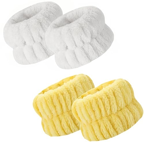 洗顔用 手首バンド リストバンド 2ペア入り 超吸水 速乾 伸縮性 ふわふわ 袖口 袖 腕 服 濡れ防止 マイクロファイバー製 食器洗い 手洗い 家事 運動用 男女兼用 (ホワイト＋イエロー) 送料無料