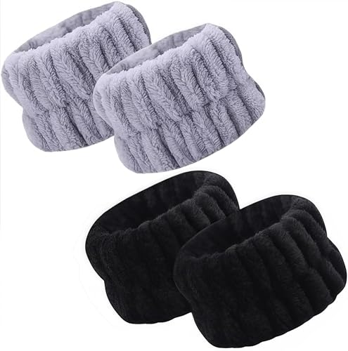 洗顔用 手首バンド リストバンド 2ペア入り 超吸水 速乾 伸縮性 ふわふわ 袖口 袖 腕 服 濡れ防止 マイクロファイバー製 食器洗い 手洗い 家事 運動用 男女兼用 (グレー＋ブラック) 送料無料