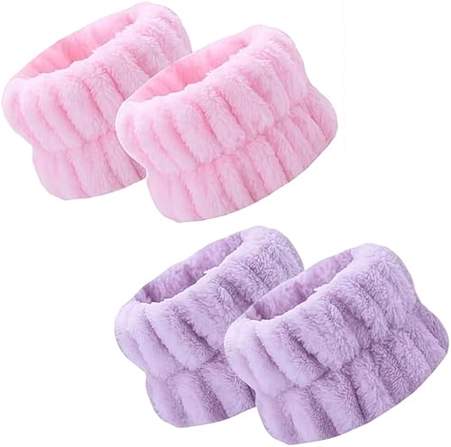 洗顔用 手首バンド リストバンド 2ペア入り 超吸水 速乾 伸縮性 ふわふわ 袖口 袖 腕 服 濡れ防止 マイクロファイバー製 食器洗い 手洗い 家事 運動用 男女兼用 (ピンク+パープル) 送料無料